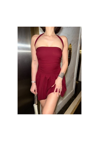 J&kstores Sırt Dekolteli Boyun Bağlamalı Stella Şortlu Mini Elbise Bordo
