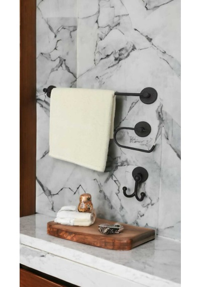 Banyo Aksesuar Seti, Siyah, Düz Havluluk, K. Tuvalet Kağıtlığı, Bornozluk - Mat Siyah Siyah