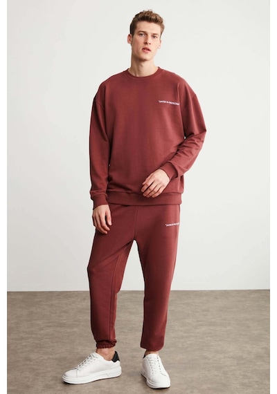 Grimelange Marshall Erkek Pamuklu İçi Polarlı Nakışlı Relaxed Bordo Eşofman Takımı Bordo