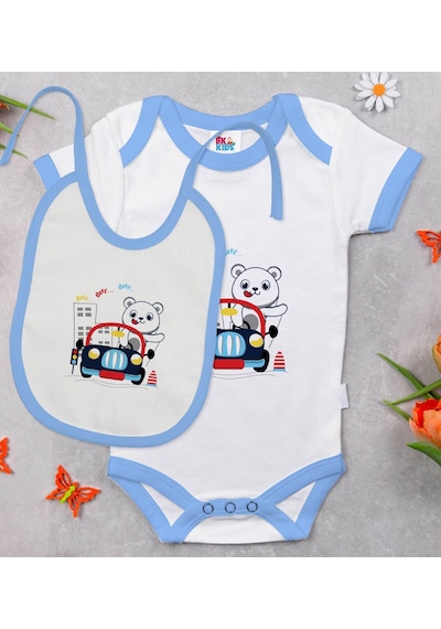 Bk Kids Sevimli Sürücü Tasarımlı Mavi Bebek Body Zıbın Ve Mama Ön Çok Renkli