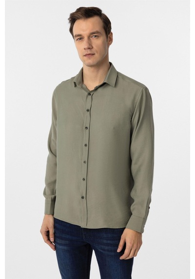 Süvari Haki Slim Fit Düz Klasik Yaka Gömlek Haki