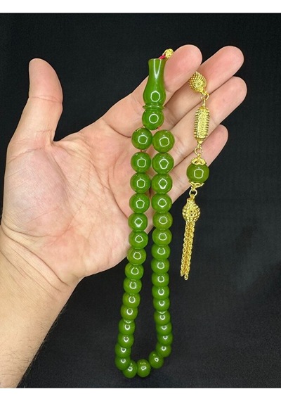 Sevgiliye Özel Hediye Sıkma Çubuk Kehribar Tesbih Açık Yeşil Renk Küre Kesim 13,5 Mm H-1601.