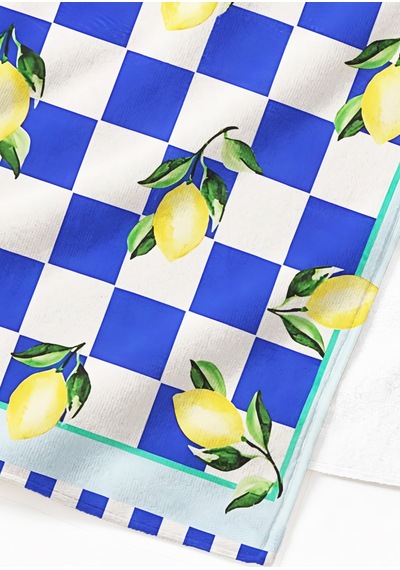 Limonlu Dama Desenli Sicilyan Plaj Havlusu - Akdeniz Stil Mavi Sarı Hızlı Kuruyan Mikrofiber Havlu Çok Renkli