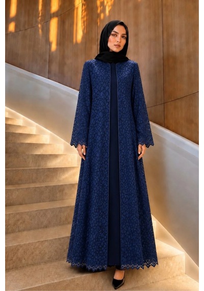 Nazzain Lacivert Dantel İşlemeli Abaya Takımı Çok Renkli