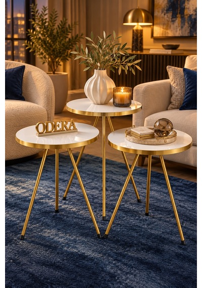Odera Beyaz Yuvarlak Zigon Sehpa 3'lü Set Metal Ayaklı Modern Salon Sehpası