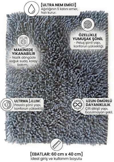 Süper Emici Mikrofiber Köpek Kapı Paspası, Yıkanabilir Şönil Evcil Hayvan Halısı, Hızlı Kuruyan Giriş Paspası, Makinede Yıkanabilir, 60x40 Cm