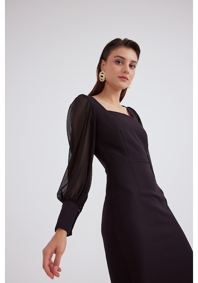 Sateen Şifon Kol Krep Elbise - Siyah