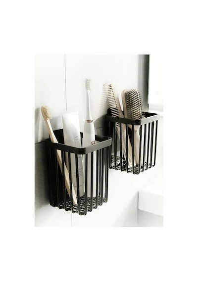 Chacha Home 2'li Set Yapışkanlı Banyo Saç Fırçası Tarak Düzenleyici Diş Fırçalık Çok Amaçlı Mutfak Duvar Rafı Siyah