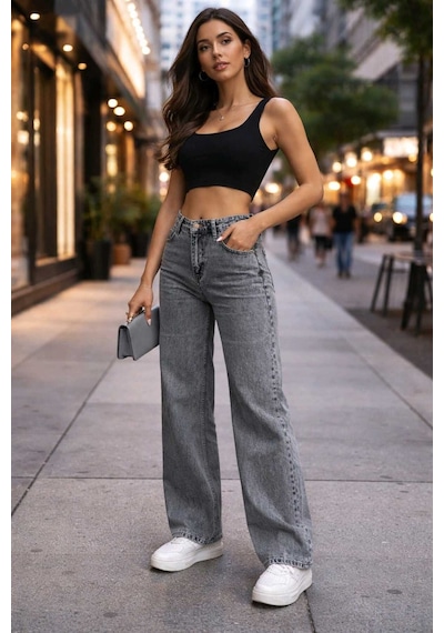 Woddi Hsn Kadın Füme Salaş Likralı Bel Salaş Jean Pantolon New Sezon-2