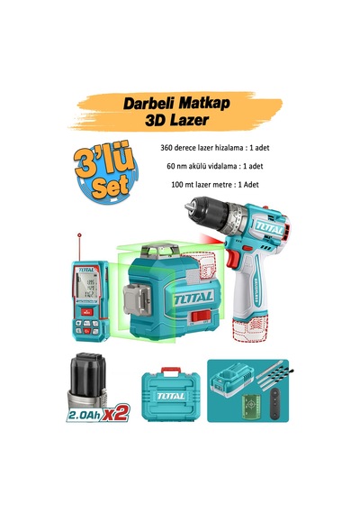 Total TOSLI250101E Avantaj 3'lü Set Darbeli Matkap 16V + Kablosuz 3D Lazer 100 Metre Hizalama Ölçme
