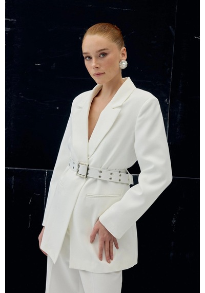 Sateen Kemer Detaylı Blazer Ceket Ekru