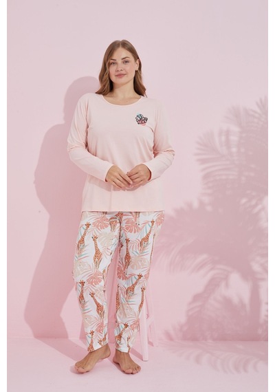 Siyah İnci Pamuklu Curve Büyük Beden Battal Boy Örme Pijama Takım24240729 Somon