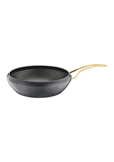 3519 - 16 Parça - Bio Granit -tencere, Tava, Düdüklü Tam Çeyiz Seti, Antrasit Gövde - Gold Detay Siyah