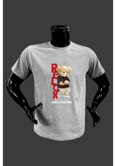 Ayıcık Relax Ayı Tasarım Şık Baskılı %100 Pamuk Regular Fit Bisiklet Yaka Gri T-shirt Gri