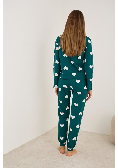 Siyah İnci Yeşil Beyaz Kalp Baskılı Örme Pamuklu Pijama Takımı7613