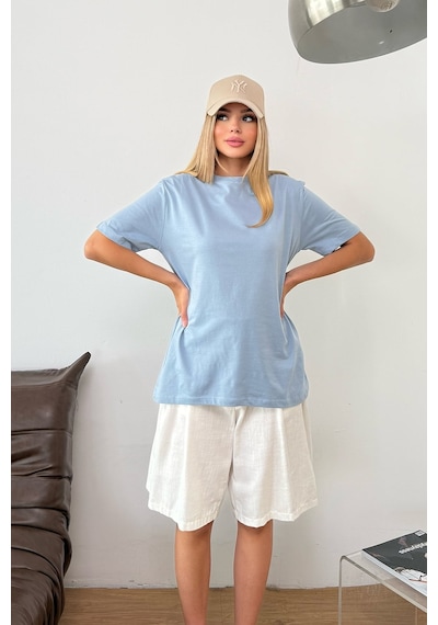 Kadın Bisiklet Yaka Basic T-shirt Mavi - 23507