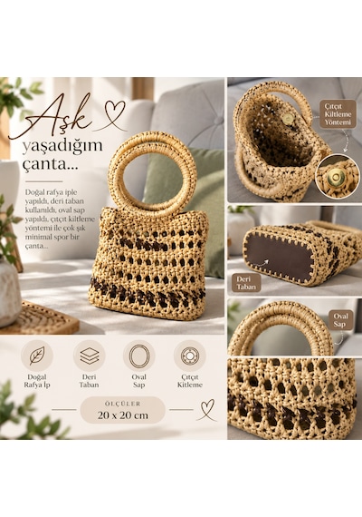 Doğal Rafya Oval Saplı Mini Çanta Camel