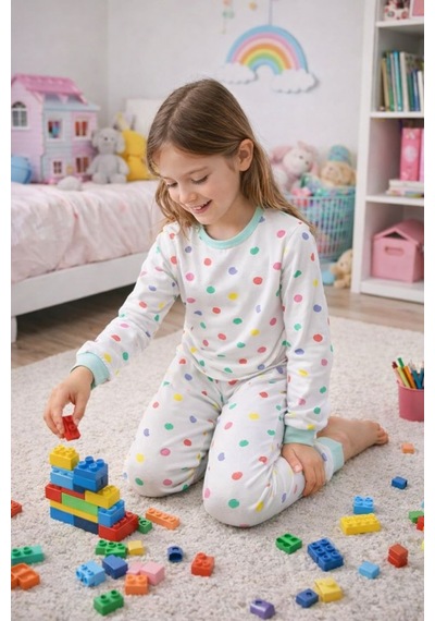 Kız Çocuk Renk Paleti Desenli 8 - 13 Yaş Pijama Takımı Beyaz