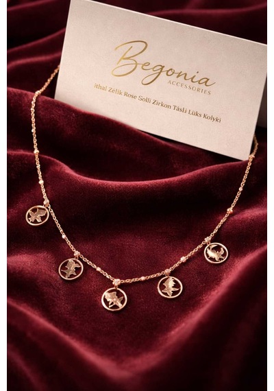 İthal Çelik Rose Gold Kolye Zincir Set Figürlü Zirkon Taşlı Paslanmaz Kararmaz Unisex 45cm+5cm Boy - 3 Rose Gold
