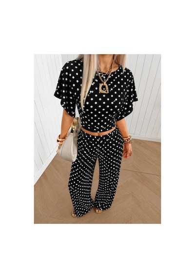 Wild Flower Kadın Puantiyeli İkili Takım Crop Bluz Bol Paça Pantolon Siyah