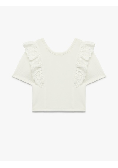 Koton Kısa Kollu Bisiklet Yaka Fırfırlı Brodeli Crop Tişört Ekru 6skg10498ak