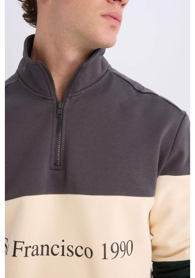 DeFacto Relax Fit Dik Yaka Fermuarlı Baskılı Kalın Sweatshirt D2562AX24AUAR63