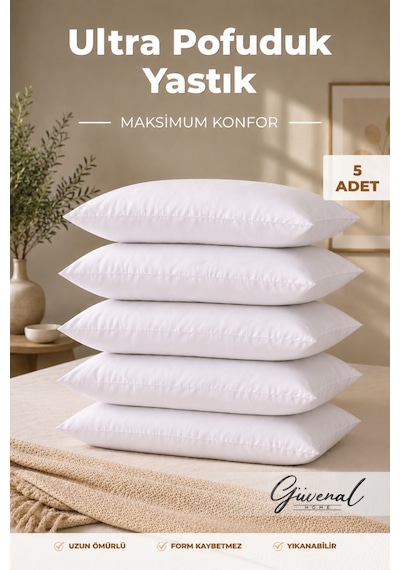Fluffy 5'li Silikon Elyaf Dolgulu Yastık Set 800 Gr Ultra Yumuşak Dolgun 50x70 Cm - 5 Adet Yastık Beyaz