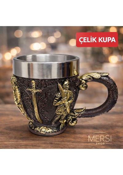 Şövalye Kabartmalı 3d Paslanmaz Çelik Kupa Bardak Orta Çağ Temalı Dekoratif Kupa Altın - Gümüş