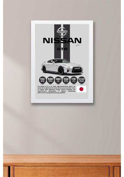 Nissan Gt-r R35 Premium Spor Araba Çerçeveli Tablo - Teknik Özellikli Jdm Otomobil Duvar Dekoru Beyaz