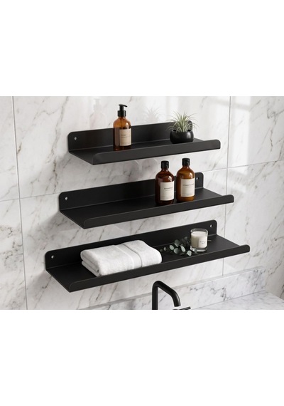 Orret Home 3'lü Metal Duvar Rafı Yapışkanlı Raf Seti Banyo Rafı Mutfak Rafı Dekoratif Duvar Rafı Siyah Minimal R Diğer