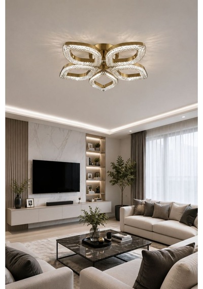 Yonca Model Eskitme Kumandalı 5"li Ledli 3 Renk Modu Kristal Salon Mutfak Yatak Çocuk Odası Avize Altın
