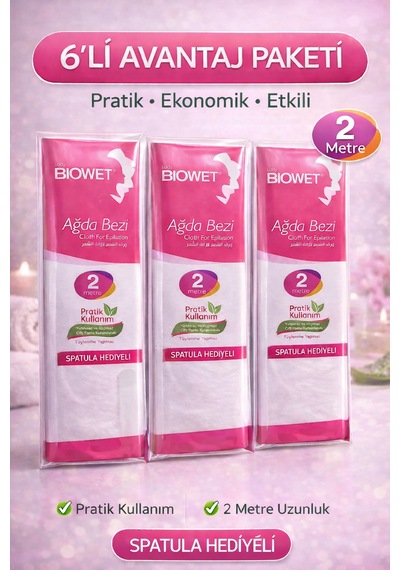 Biowet Ağda Bezi 2 Metre Spatula Hediyeli Epilasyon Bezi Dayanıklı Tüy Dökme Bezi 6 Paket