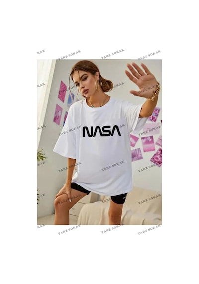 Tarzsokak Unisex Kadın/erkek Nasa Renkli Özel Baskılı Oversize Pamuk Penye Beyaz