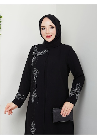 Eslemnur Büyük Beden Yaprak Taşlı Anne Elbisesi En7008 Siyah