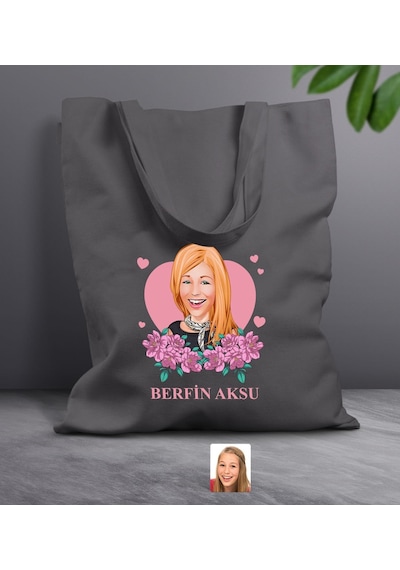 Bk Gift Kişiye Özel Anneler Günü Karikatürlü Antrasit Kumaş Bez Çanta, Baskılı Omuz Çantası, Alışveriş Çantası, Anneye Hediye-2 Antrasit