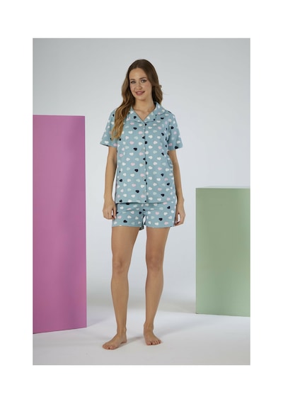 Estiva Kadın Yazlık Kalp Desenli Önden Düğmeli Şortlu Penye Lycra Pijama Takımı Yeşil