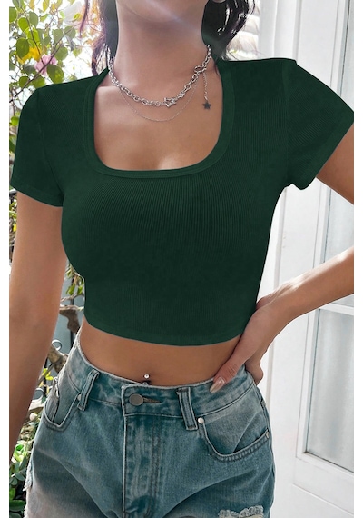 Modi Kadın Yeşil Yarım Kol Düz Yaka Crop Top Bluz