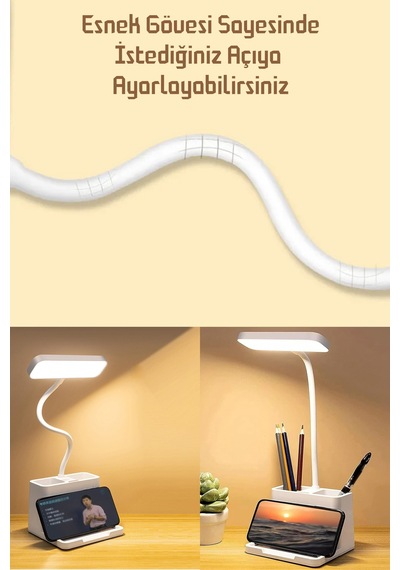 Şarjlı Masa Lambası Dokunmatik Sıcak Renk Ayarlı Telefon Standlı Dimmer Çalışma Okuma Işığı Q108 Beyaz
