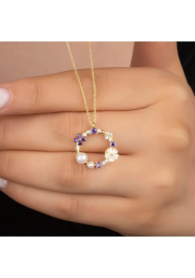 925 Ayar Gümüş Gold Sedefli Güllü İncili Kolye