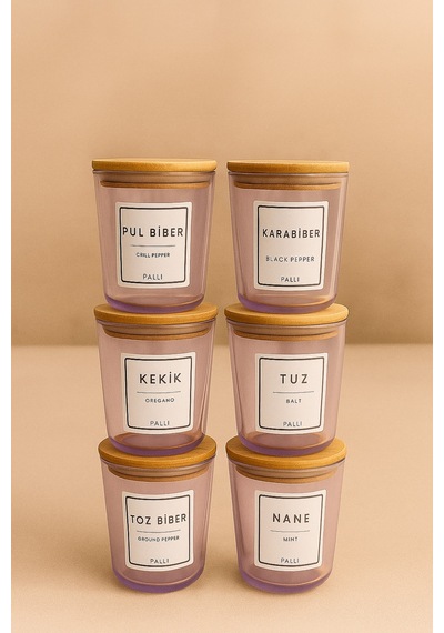 Motto - 6'lı Bambu Vakum Kapaklı Kaşık, Etiket Hediyeli, Mor Cam Saklama Kabı Baharatlık Seti 315 Ml Diğer
