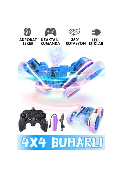 Oyuncak Buhar Atan Akrobatik Araba 2.4 Ghz Uzaktan Kumandalı Şarjlı Led Işıklı Mavi