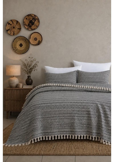 King Size Dokuma Pike Takımı 240x260 Cm 2 Yastık Kılıflı Saçak Detaylı Örtü Seti Gri