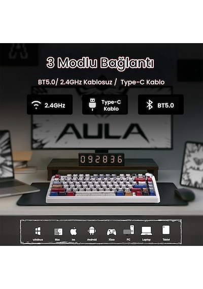 Aula F75 Mekanik Rgb Tkl Reaper Switch Kablosuz Makrolu Hot Swap Klavye Comic