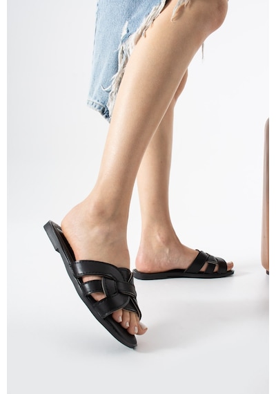 Dabab Shoes Lında Kadın Siyah Kare Burun Örgü Bantlı Düz Taban Günlük Terlik