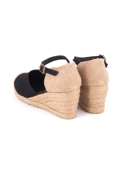 Star Tombis Gerçek Elişi Burnu Hasır Dolgu Topuk Siyah Keten Hasır Espadril Handmade Siyah