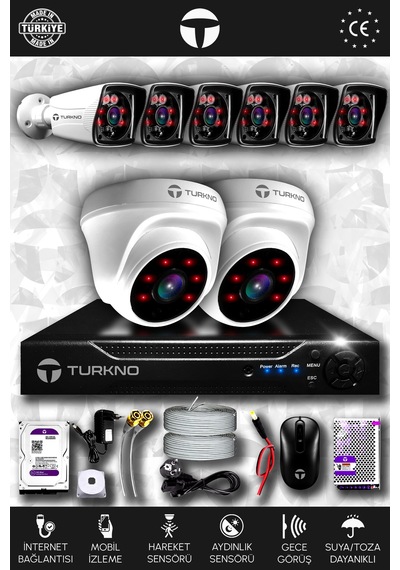 Turkno 8 Kameralı Karia 2 İç Kamera Set 250 GB HDD Full HD Gece Görüşlü Güvenlik Kamerası Sistemi