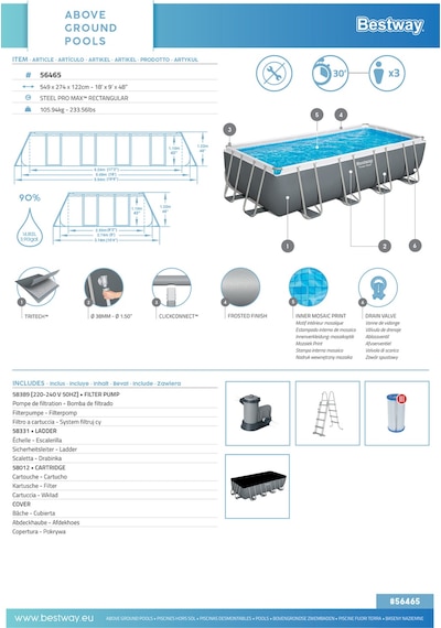 Bestway 56465 Steel Pro Max Prefabrik Yer Üstü Havuz Seti 5,49 M X 2,74 M X 1,22 M