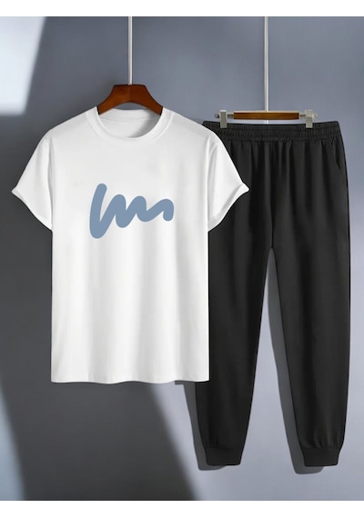 Uyguntarz Unisex W Yazı Tasarım Basklı Tshirt Eşofman Takımı Beyaz
