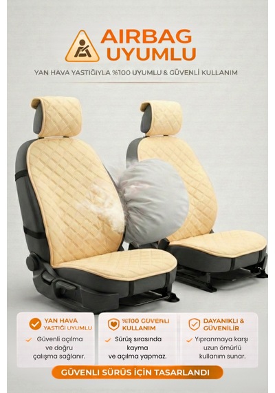 Oto Koltuk Kılıfı Tay Tüyü 2'li Ön Minder Terletmez Kaymaz Airbag Uyumlu - Bej