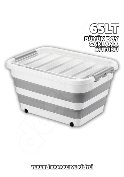 65 Lt Yer Kaplamaz Dev Saklama Kutusu - Katlanır Kapaklı Kilitli Tekerlekli - Akordiyon Saklama Kabı Beyaz - Gri